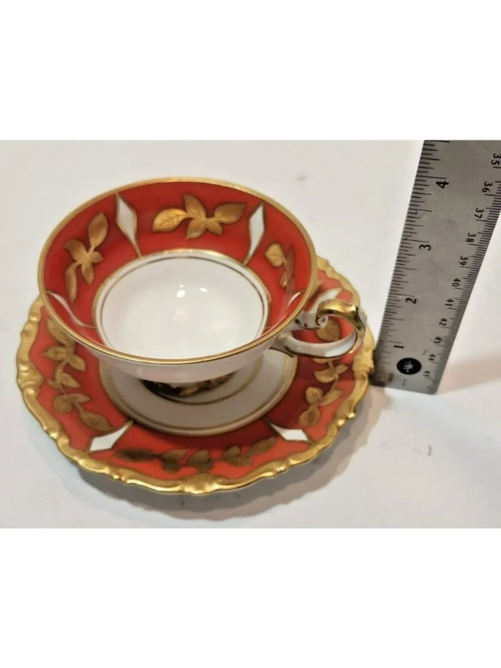 Vintage M Wolf Bavaria Kunst Bone China Teacup & Saucer Orange White Gold
